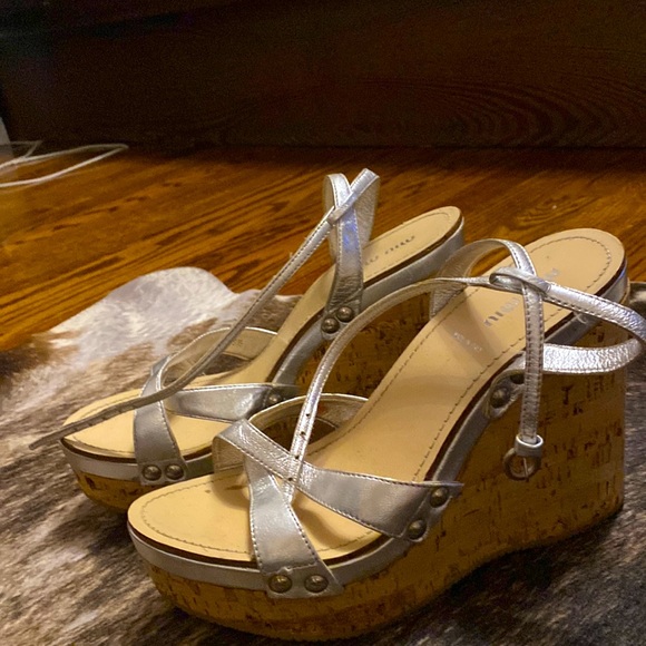Miu Miu Shoes - Silver miu miu cork wedge sandals size 39.5 gently worn.